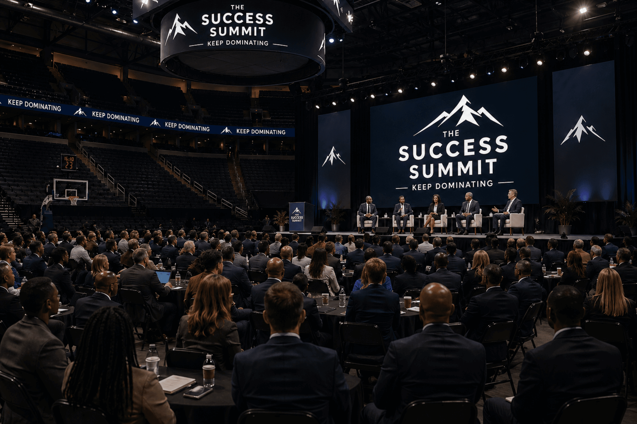 Conference stage with panel discussion and audience