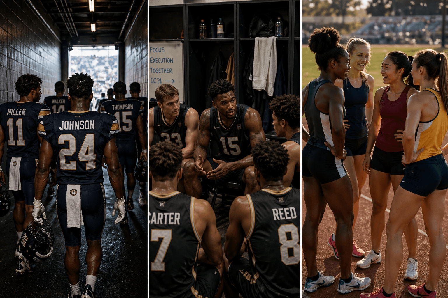 Athletes preparing, aligning, and connecting across football, locker room, and track environments.